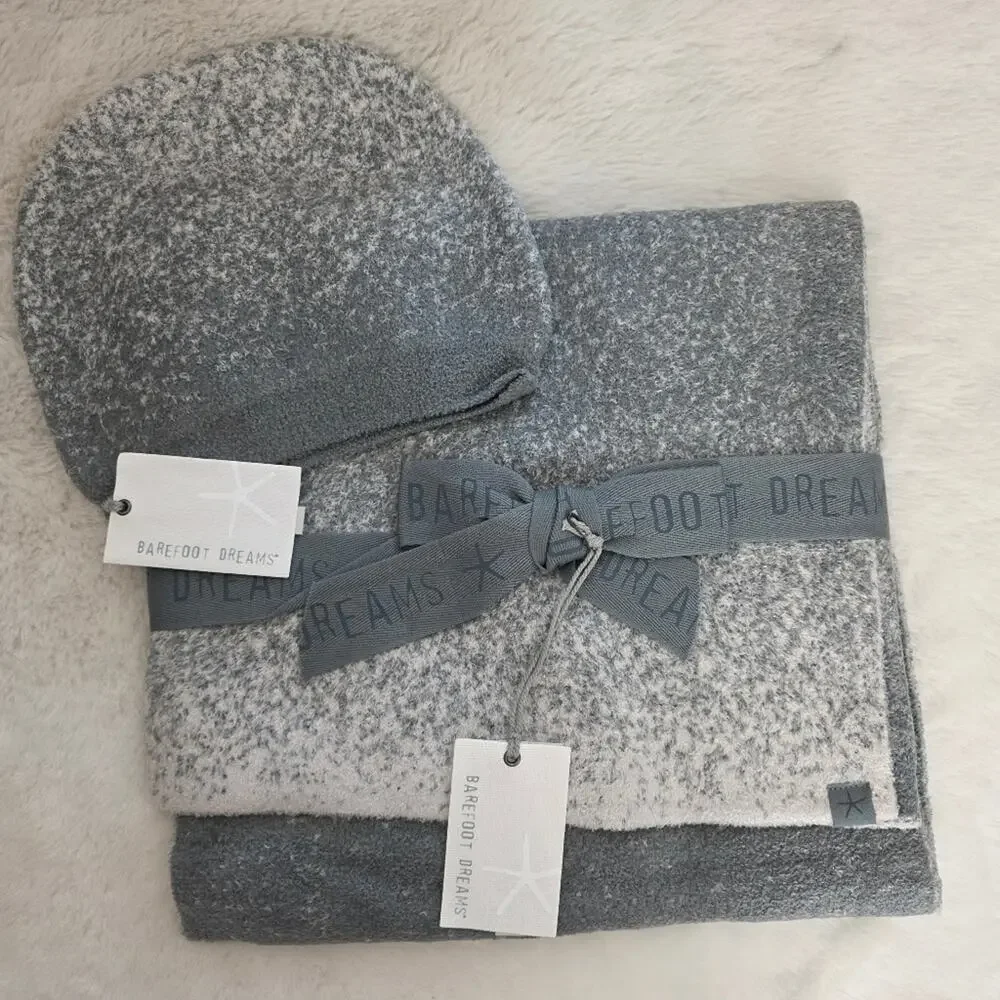 Barefoot Dreams CozyChic Lite Confetti Scarf Beanie Set Smokey Green Gray NWT